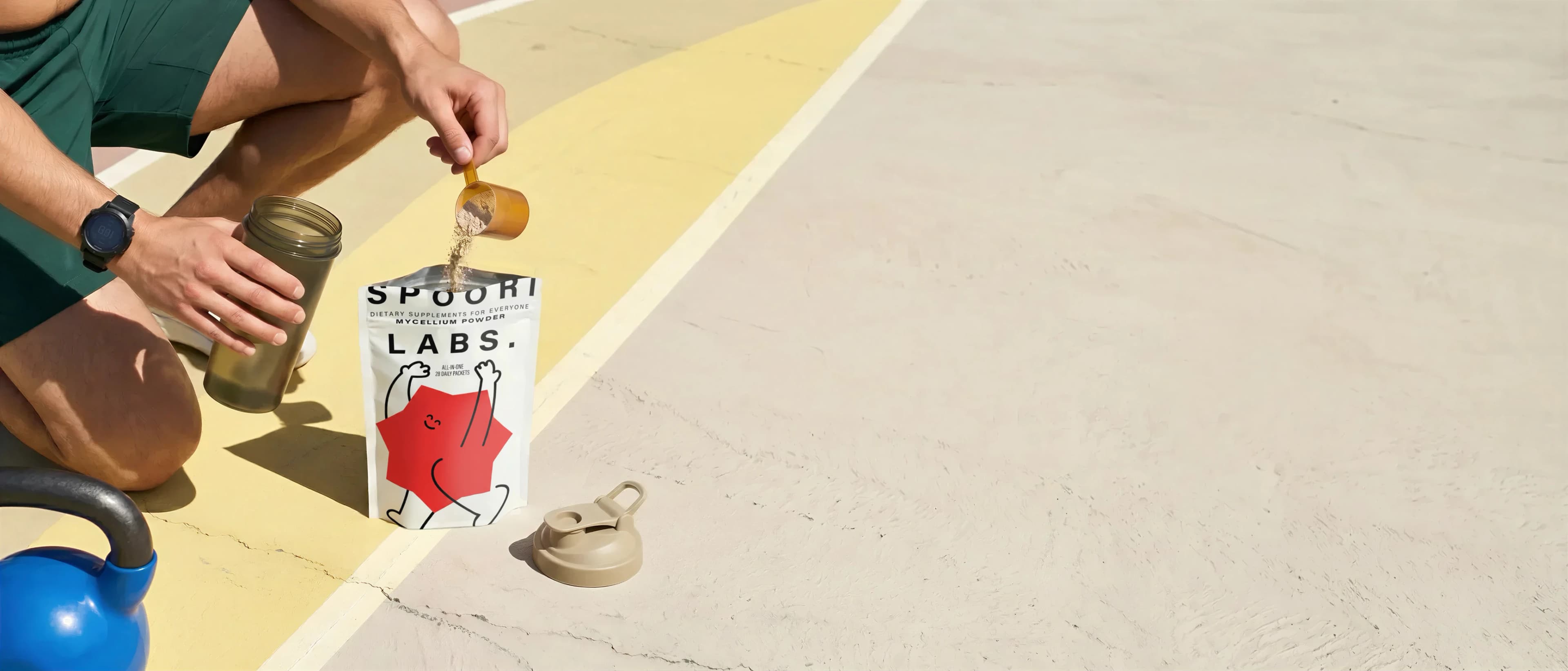 Supplement sachet poured on a sunlit court, editorial